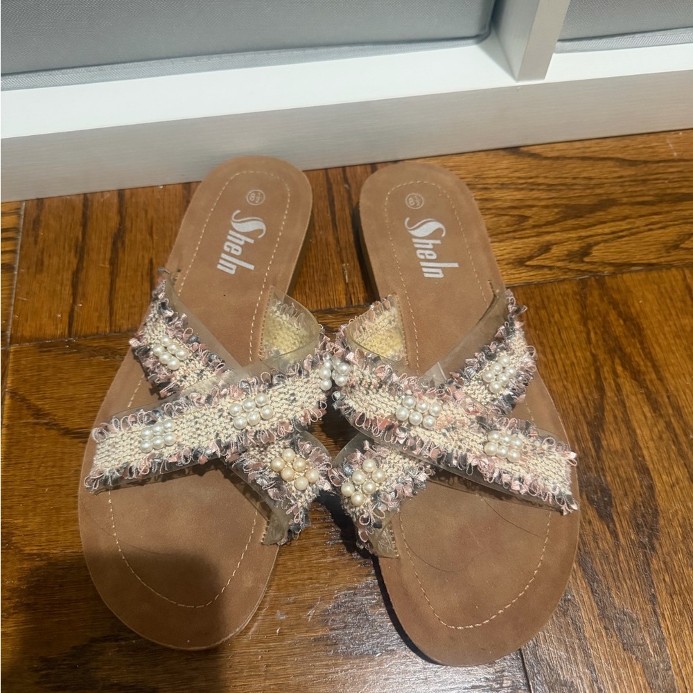 SHEIN Women's Sandals with Beaded Straps - Brown and Cream